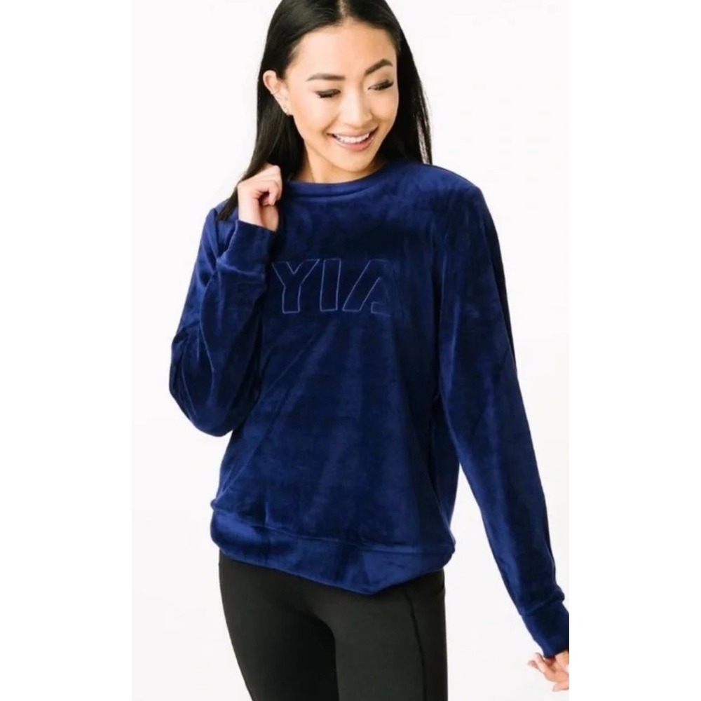 Zyia Active Navy Blue Velour Crewneck Sweatshirt Embossed Logo Size Medium